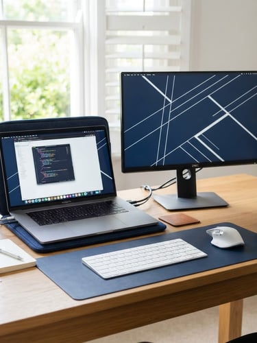 Modern, clean desktop setup with a laptop, external monitor, and wireless keyboard, bright natural daylight, crisp navy and white tones, sharp focus, professional workspace, subject off-center to the left.