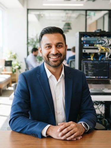 Professional portrait of Lavish Patel, a friendly, confident man in his 30s, smiling in a bright, modern workspace with a laptop and network equipment in soft focus behind him, natural daylight.