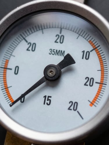 Macro shot of a digital manifold gauge displaying precise pressure readings, sharp technical contrast, focused work-light illumination, safety-orange accents