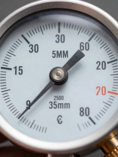 Macro shot of a digital manifold gauge showing precise pressure readings, sharp technical focus, safety-orange accents, 35mm.