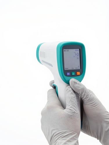 Macro shot of hands in sterile gray gloves calibrating a digital thermal imaging camera, bright white background, crisp safety-teal accents, 35mm