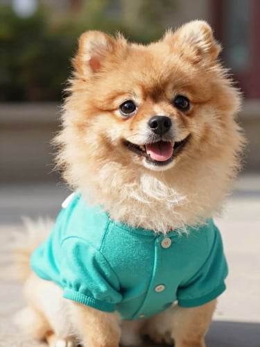 A happy fluffy Pomeranian wearing a vibrant teal shirt, sitting outdoors in bright natural daylight, eye-level shot, warm tones
