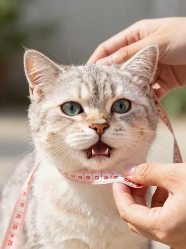Eye-level close-up of hands gently measuring a happy, calm kitten with a soft measuring tape, bright natural daylight, warm inviting tones, 35mm lens.