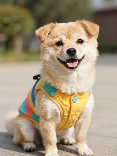 A happy small dog wearing a colorful handcrafted vest, sitting outdoors in bright natural daylight, eye-level cinematic shot