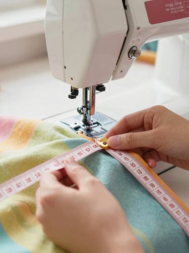 Close-up of hands carefully measuring a soft colorful fabric with a tape measure next to a sewing machine in a bright family workshop, warm natural lighting
