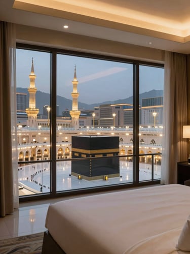 Interior of a serene five-star hotel room overlooking Makkah, wide shot from inside the room through floor-to-ceiling glass, the illuminated Masjid al-Haram visible close in the distance at dusk, soft warm ambient lighting inside, crisp white linens on the bed in the foreground, calm and spacious composition