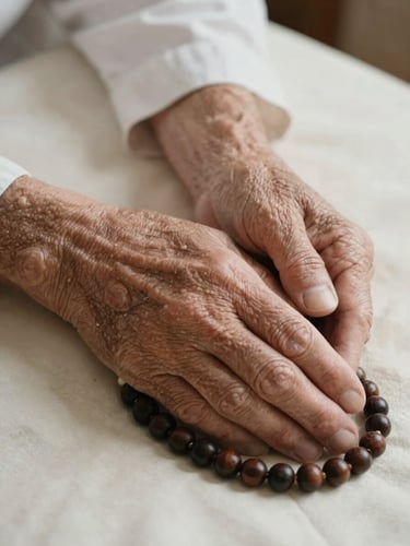 Close-up portrait framing of an elderly man's hands resting on prayer beads against a softly lit ivory fabric surface, diffused morning light, calm and unhurried atmosphere, tight compositional focus on texture and stillness