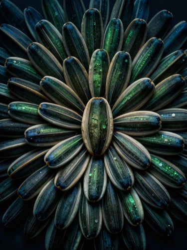 Extreme macro shot of a single sunflower seed pattern, sacred geometry, crisp morning light, deep forest green tones, 35mm