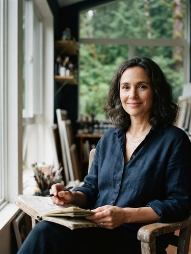 A professional, elegant portrait of a female visual artist and writer in her late 40s, Mariane, with a serene expression, holding a sketchbook, in a bright studio with large windows showing a lush green forest outside, soft natural morning light, high-contrast, editorial photography.