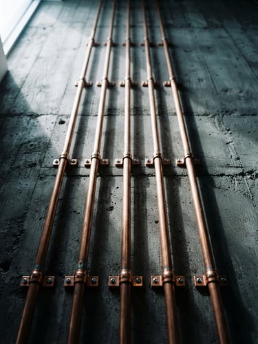 Crisp architectural detail of perfectly aligned copper conduits running vertically down a raw dark concrete wall, sharp shadows, cool daylight, high-contrast technical precision, 35mm