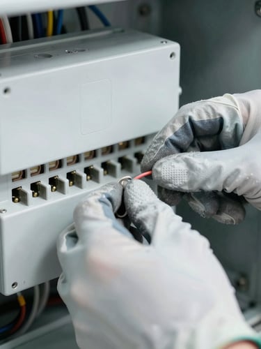 Close-up of hands wearing technical gloves terminating a wire inside a perfectly clean electrical enclosure, sharp focus, cool daylight, 35mm
