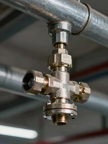 Close-up of a fire suppression sprinkler head installed in a steel pipe network, tungsten sidelight catching threaded fittings and certification label in sharp focus, industrial ceiling context visible in shallow background