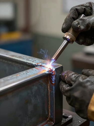 Close-up side view of a structural steel weld joint being inspected by a gloved engineer's hand, tungsten workshop lighting raking across the weld bead, visible grain and heat marks on the metal surface, industrial workshop depth-of-field background