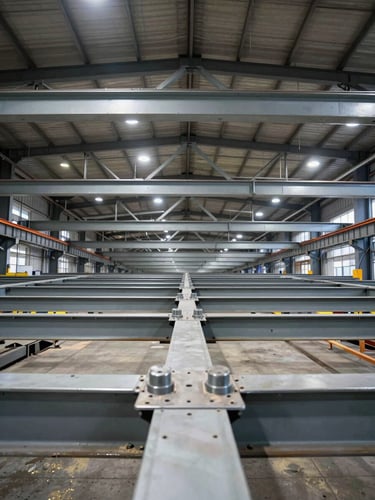 Wide-angle view from below a completed structural steel span inside an industrial warehouse, tungsten-lit ceiling trusses receding into depth, welded connection plates visible in sharp foreground detail, no workers, evidence of precision fabrication