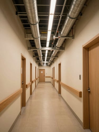 Wide environmental shot inside a completed hospital corridor showing overhead fire suppression pipework and structural ceiling grid, warm tungsten corridor lighting, tiled floor receding into depth, no people, evidence of correct installed workmanship in every junction and bracket