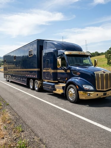 Dynamic low-angle shot of a clean modern enclosed auto transport carrier on a highway under bright daylight, gold accents on the truck, crisp focus.