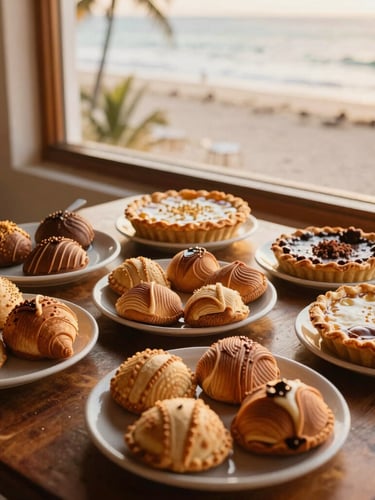 Overhead warm editorial photography of a vibrant Mexican dessert table at a beachside Cozumel resort, golden-hour window light, rich conchas and artisanal pies styled beautifully.
