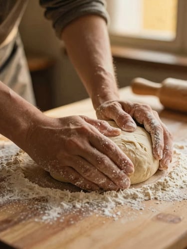 Hands dusted with flour kneading rustic dough on a wooden board, warm golden light, shallow depth of field, 35mm film
