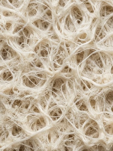 Macro photograph of dense, cream-colored engineered mycelium fiber structure under bright clinical laboratory light, highlighting technical material texture