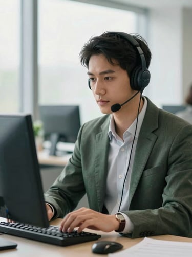 Professional BPO agent focused intently on a data dashboard displaying pipeline metrics, in a modern, bright corporate office environment. Natural window light illuminates the scene, creating soft shadows. The image features shallow depth of field, with muted emerald accents in the background.