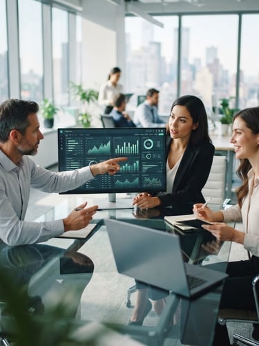 A collaborative corporate office with floor-to-ceiling windows, professional agents analyzing clean data dashboards, bright natural window light, shallow depth of field