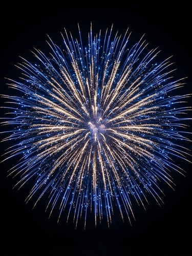 Dramatic dark photography of a symmetrical blue and gold pyrotechnic explosion in a pitch black night sky, high-speed action, sharp focus, professional editorial.