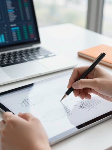 Close-up of hands sketching wireframes on a tablet, a laptop with data visualizations in the background, bright natural light, crisp blue and orange accents.