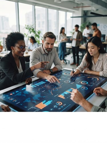 Wide panoramic shot of a diverse creative team collaborating intensely around a large digital dashboard displaying analytics, crisp studio lighting, focus on hands interacting with screens, electric blue and energetic orange accents visible on UI elements, shallow depth of field, 35mm