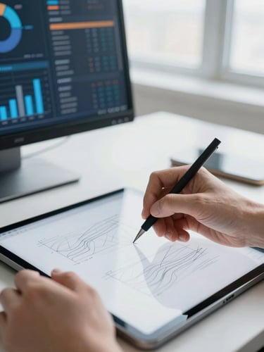 Close-up of hands sketching wireframes on a tablet, digital marketing analytics dashboard visible on a monitor in the background, clean modern workspace, bright natural window light, crisp blue accents, shallow depth of field, 35mm