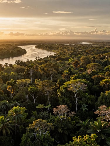 Wide panoramic view of Wanagon Gold territory at golden hour — dense Papua forest canopy stretching to the horizon, a winding river catching last light in the left third, overcast amber sky above, low horizon line, no people, no structures