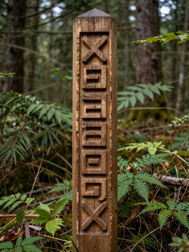 Close ground-level view of a territorial boundary marker in the Wanagon forest, carved wooden post with ancestral geometric motifs, dense undergrowth behind, natural overcast daylight, no people, documentary framing