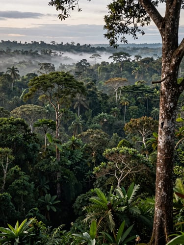 Wide panoramic view of dense Papuan forest canopy at the Wanagon Gold territory, mist rising from the valley floor at early morning, ancient trees framing the right edge, vast green expanse stretching to the horizon