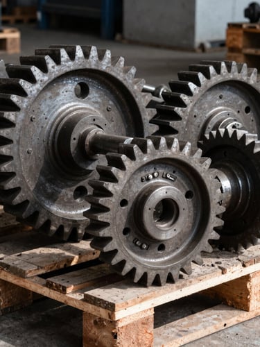 Tight close-up of heavy industrial gears and steel spare parts stacked on a wooden pallet inside a raw warehouse in Santiago, high-contrast natural daylight, sharp focus, desaturated tones.