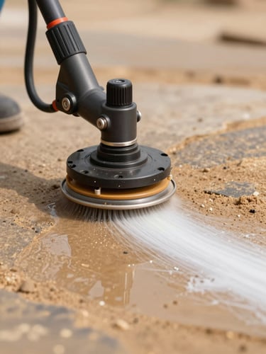 Close-up of a professional high-pressure rotary surface cleaner head gliding over wet Indian sandstone, leaving a clean bright path.