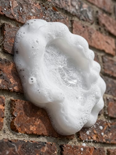 Low-angle close-up of thick white sanitizing foam clinging to a weathered brick wall, bright daylight highlighting the chemical action, sharp focus on texture.