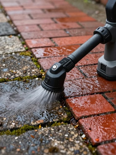 Close-up of a professional rotary pressure washer cleaning weathered block paving, showing a sharp clean line between dark mossy stone and bright restored red brick, water droplets spraying.