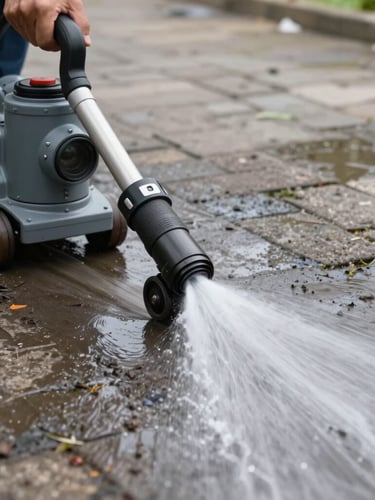 Close-up action shot of an industrial rotary pressure washer gliding over dirty block paving, leaving a clean bright path in its wake, high-velocity water spray visible, daylight
