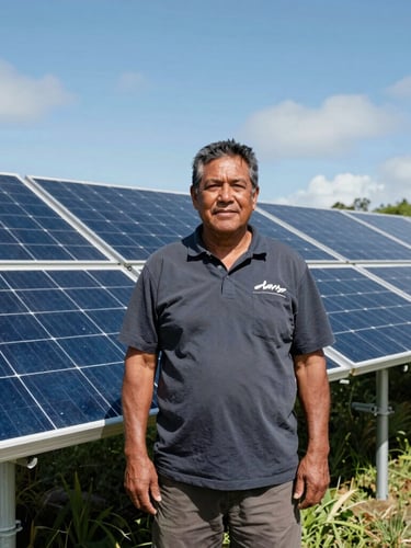 Wide environmental portrait of a local Pacific community leader standing beside a solar array installation, bright natural daylight, clear sky.