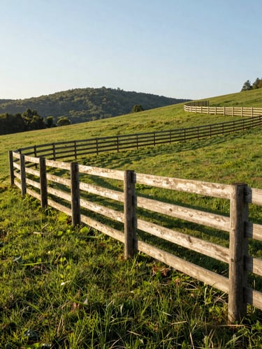 A wide-angle, low-angle shot of a clean four-board wooden horse fence tracing a rolling green hill in Southeastern Kentucky, warm morning sunlight casting long shadows.
