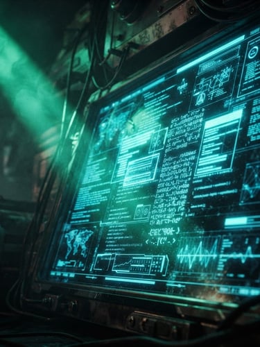 Extreme close-up of a glowing terminal interface with neon cyan code blocks, high-contrast volumetric green light slicing through a dark atmospheric room, cinematic 35mm