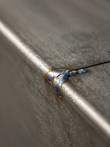 Macro close-up of a metal seam on a fabricated panel, natural north light raking across the surface to reveal the texture and precision of the weld, warm gray tones, no people