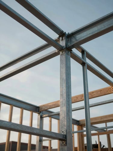 Low angle looking up at a partially assembled pavilion frame, raw steel joints and timber beams mid-construction, cool north light filtering through structural gaps, no people