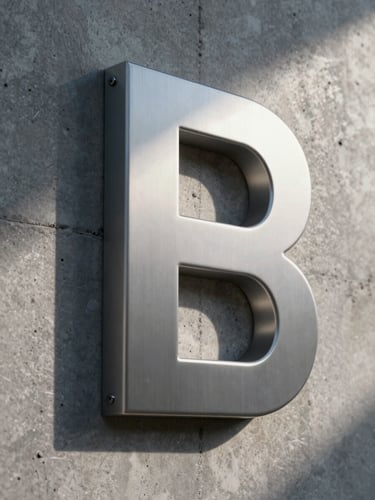 Close-up of a fabricated metal channel letter mounted to raw concrete wall, sharp seam detail visible, cool north light raking across the surface finish