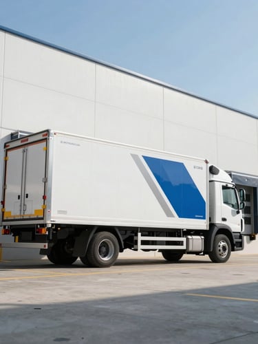Heroic low-angle shot of a clean, modern warehouse loading dock with a branded delivery truck parked, bright morning daylight, industrial scale
