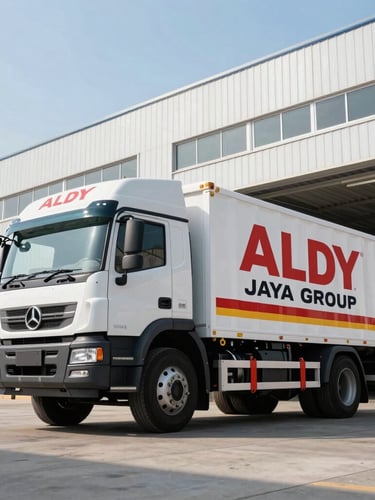 Heroic low-angle shot of a heavy-duty cargo truck branded with ALDY JAYA GROUP decals, parked in front of a clean modern warehouse.