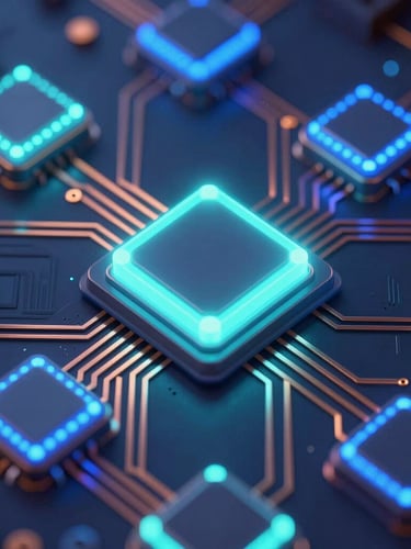 Macro shot of physical computing hardware, glowing blue and teal LED diodes, copper circuit board traces, crisp studio lighting, cinematic 3D digital illustration