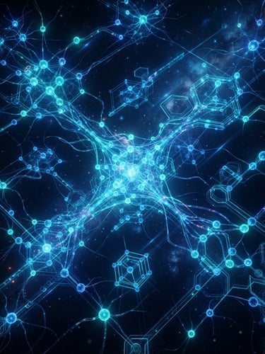 Futuristic 3D digital illustration of interconnected glowing neural network nodes, electric blue and teal neon lighting, clean tech schematics, cinematic, dark space background