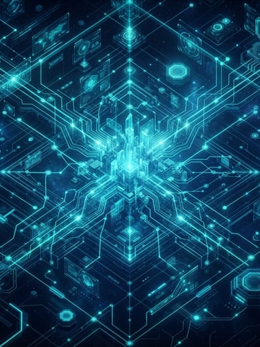 Futuristic 3D digital illustration of a glowing teal and deep space navy neural network schematic, isometric tech design, cinematic lighting