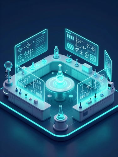 Futuristic clean laboratory classroom schematic, isometric 3D illustration, glowing teal and deep blue neon lighting, holographic screens showing physics formulas