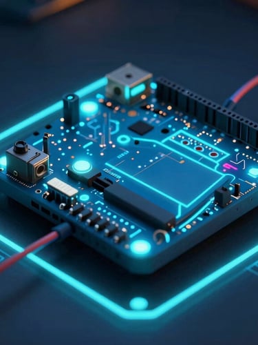 Macro shot of physical computing setup with glowing teal and deep blue neon lighting, Arduino board with connected wires on a dark lab desk